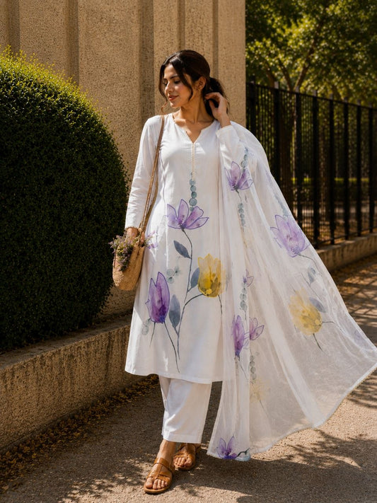 White Floral Printed Cotton Kurta Palazzo Set with Organza Dupatta