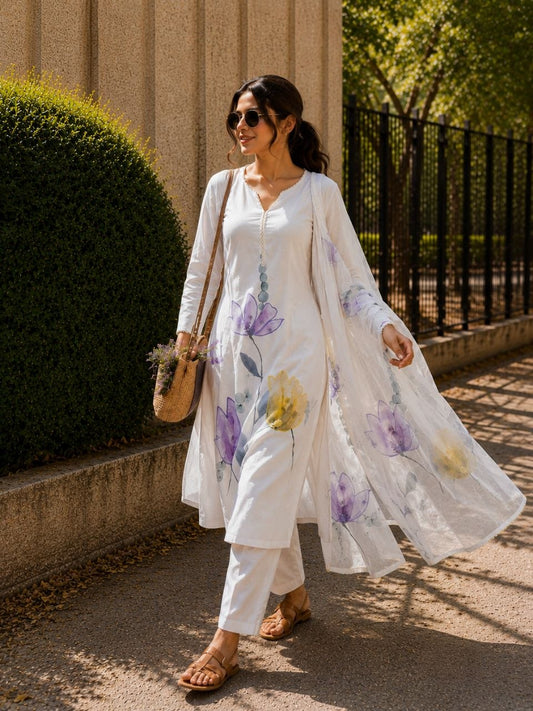 White Floral Printed Cotton Kurta Palazzo Set with Organza Dupatta