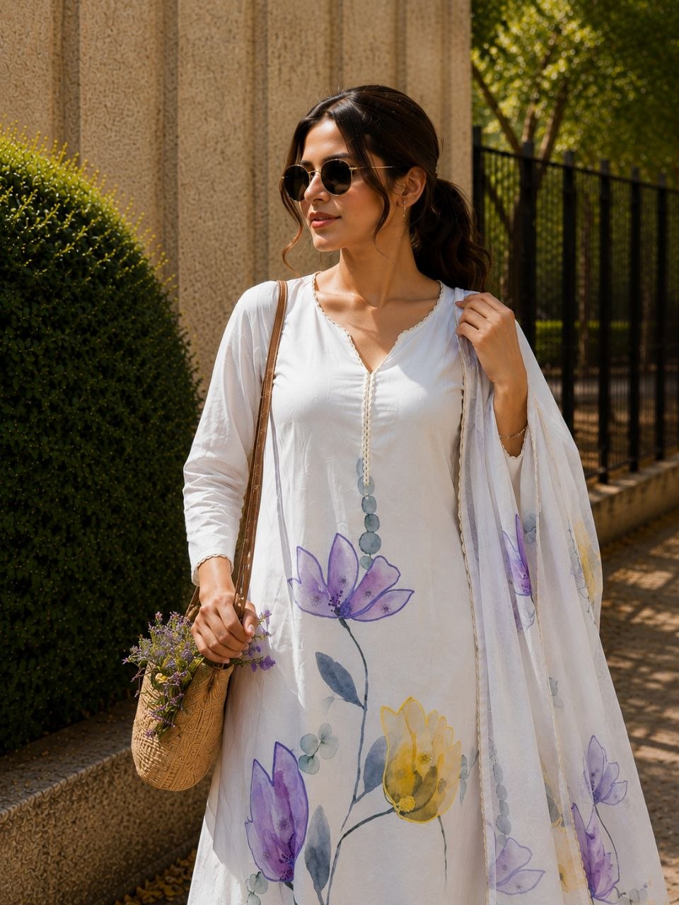 White Floral Printed Cotton Kurta Palazzo Set with Organza Dupatta