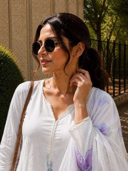 White Floral Printed Cotton Kurta Palazzo Set with Organza Dupatta