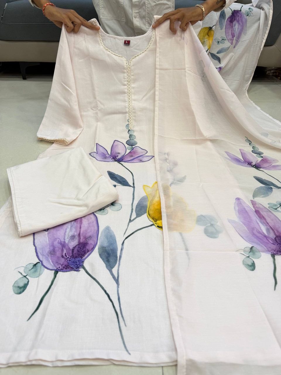 White Floral Printed Cotton Kurta Palazzo Set with Organza Dupatta