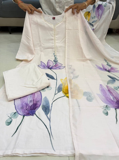 White Floral Printed Cotton Kurta Palazzo Set with Organza Dupatta