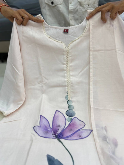 White Floral Printed Cotton Kurta Palazzo Set with Organza Dupatta