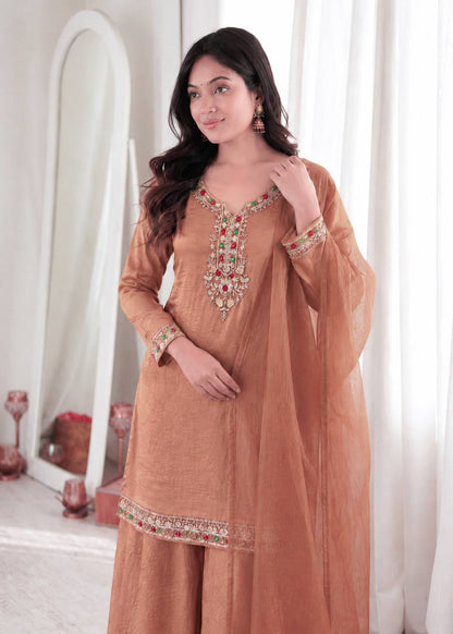 Graceful Peach Embroidered Palazzo Suit Set