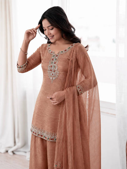 Graceful Peach Embroidered Palazzo Suit Set