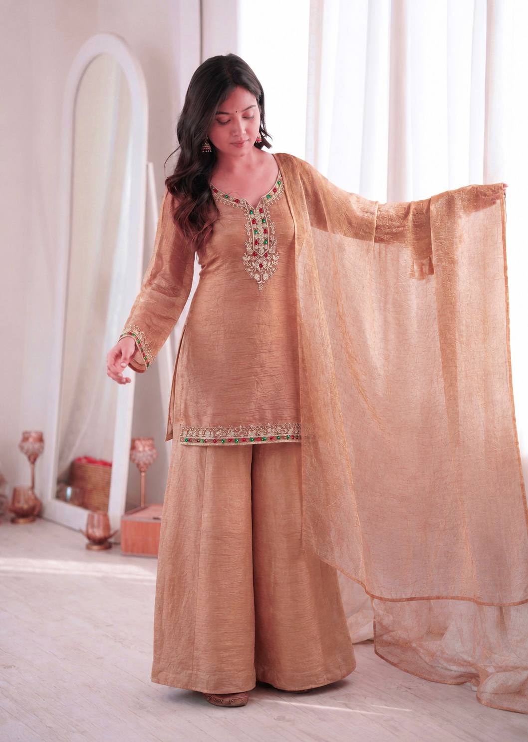 Graceful Peach Embroidered Palazzo Suit Set