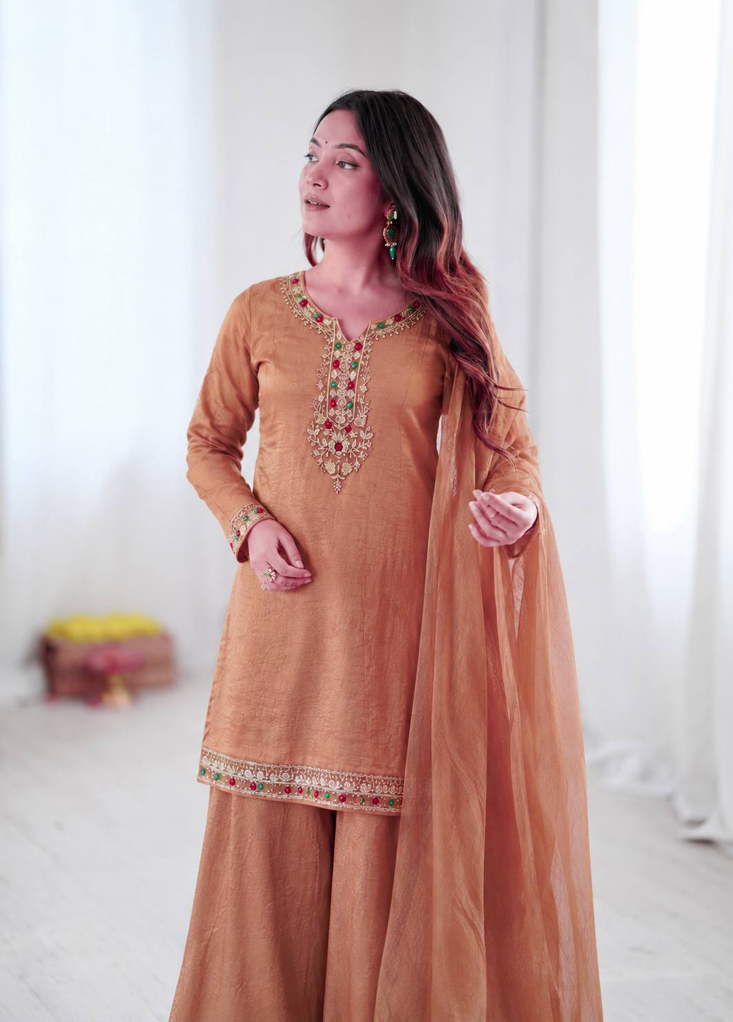 Graceful Peach Embroidered Palazzo Suit Set