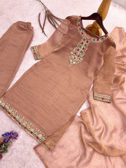 Graceful Peach Embroidered Palazzo Suit Set