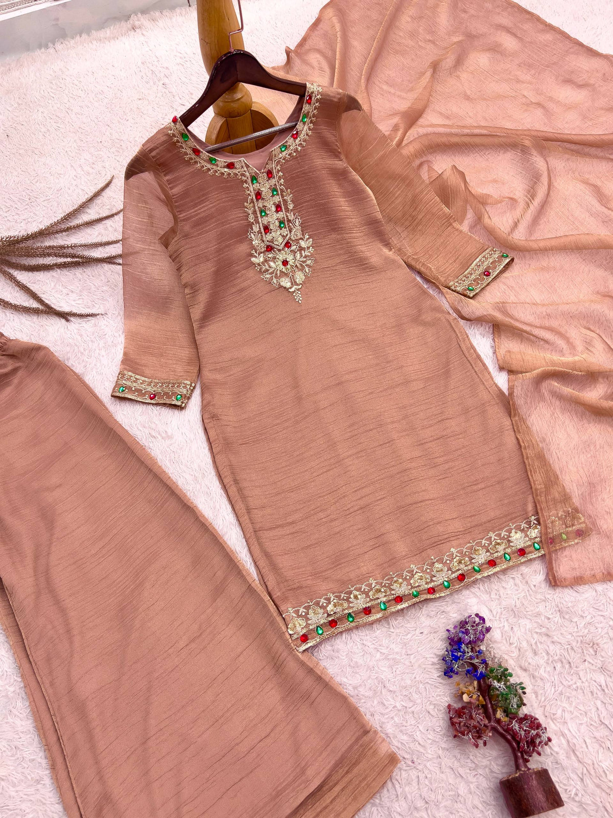 Graceful Peach Embroidered Palazzo Suit Set
