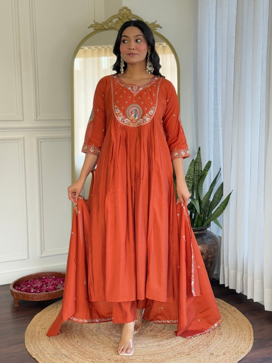 Rust Orange Embroidered Anarkali Suit Set