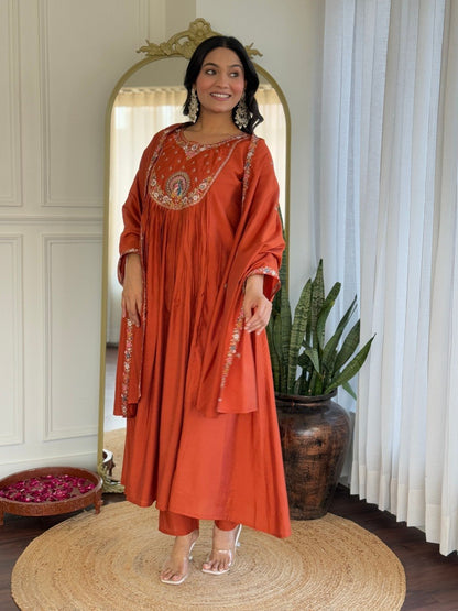 Rust Orange Embroidered Anarkali Suit Set