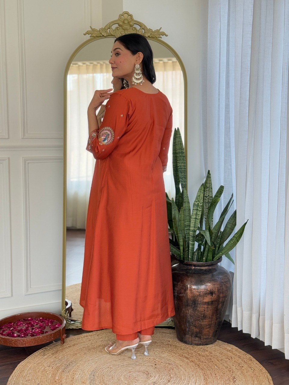 Rust Orange Embroidered Anarkali Suit Set