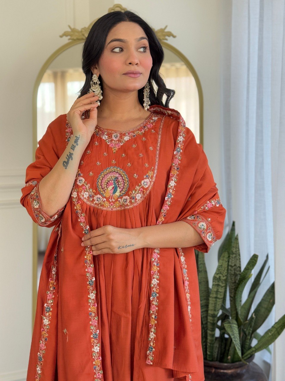 Rust Orange Embroidered Anarkali Suit Set