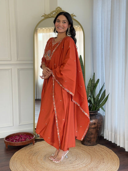 Rust Orange Embroidered Anarkali Suit Set