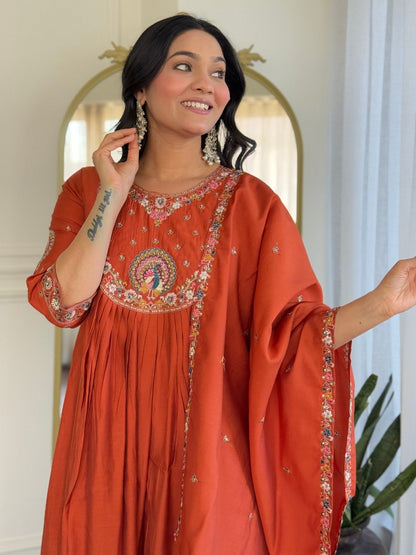 Rust Orange Embroidered Anarkali Suit Set
