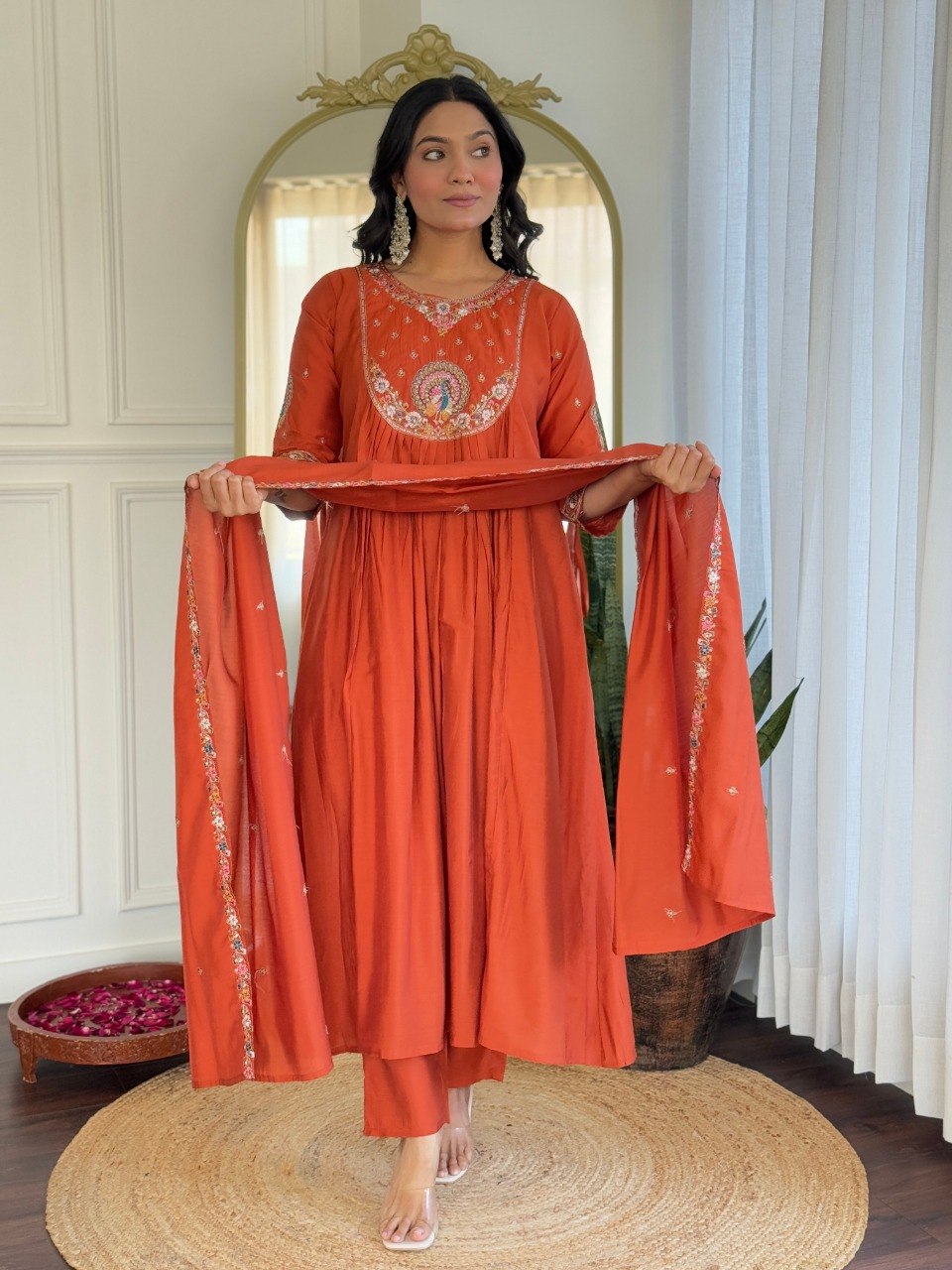 Rust Orange Embroidered Anarkali Suit Set
