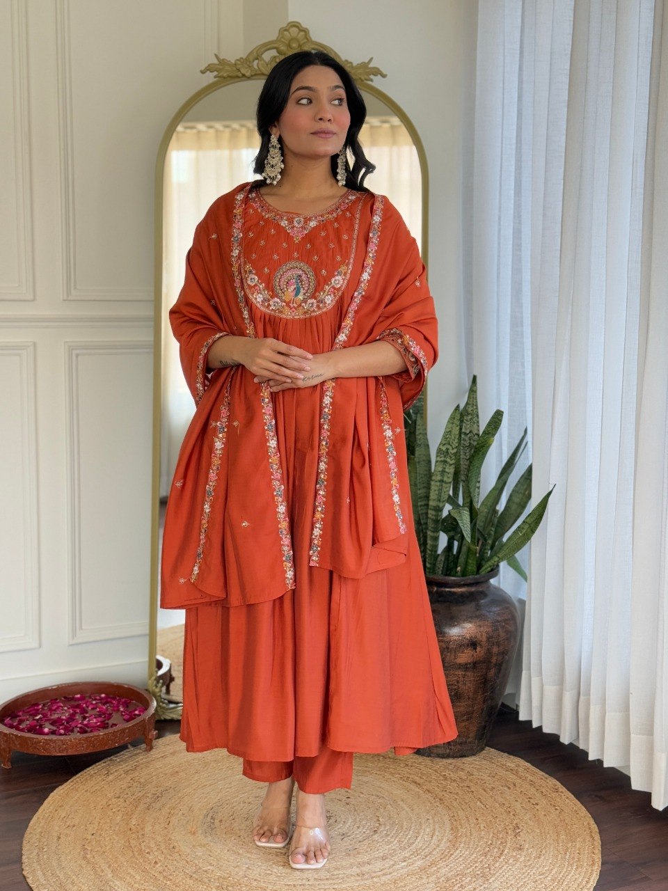 Rust Orange Embroidered Anarkali Suit Set