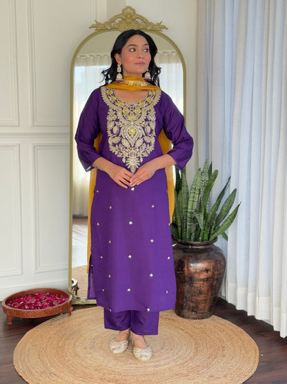 Purple Embroidered Kurta Pant Dupatta Set