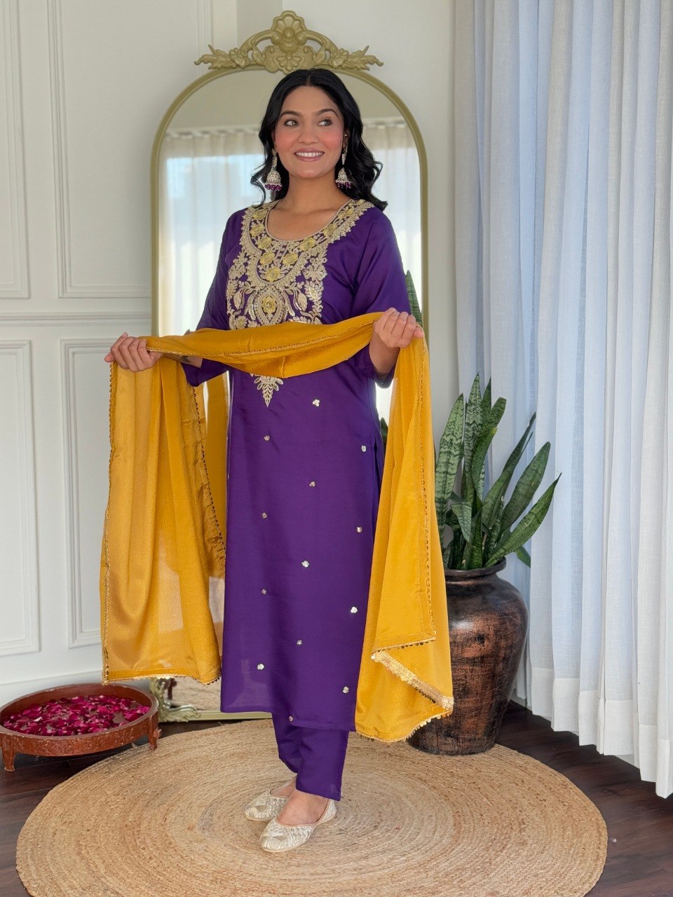 Purple Embroidered Kurta Pant Dupatta Set