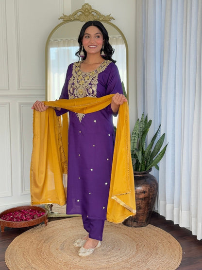 Purple Embroidered Kurta Pant Dupatta Set