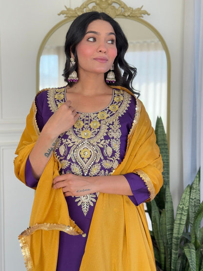 Purple Embroidered Kurta Pant Dupatta Set
