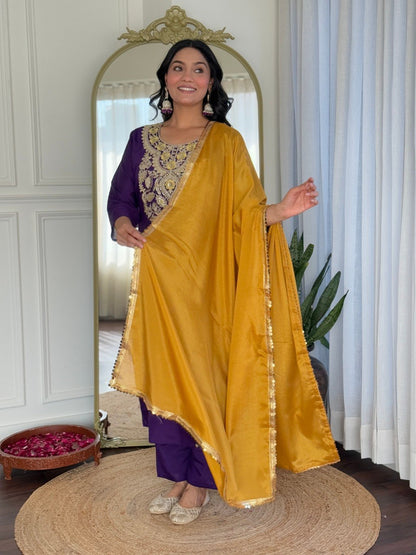 Purple Embroidered Kurta Pant Dupatta Set