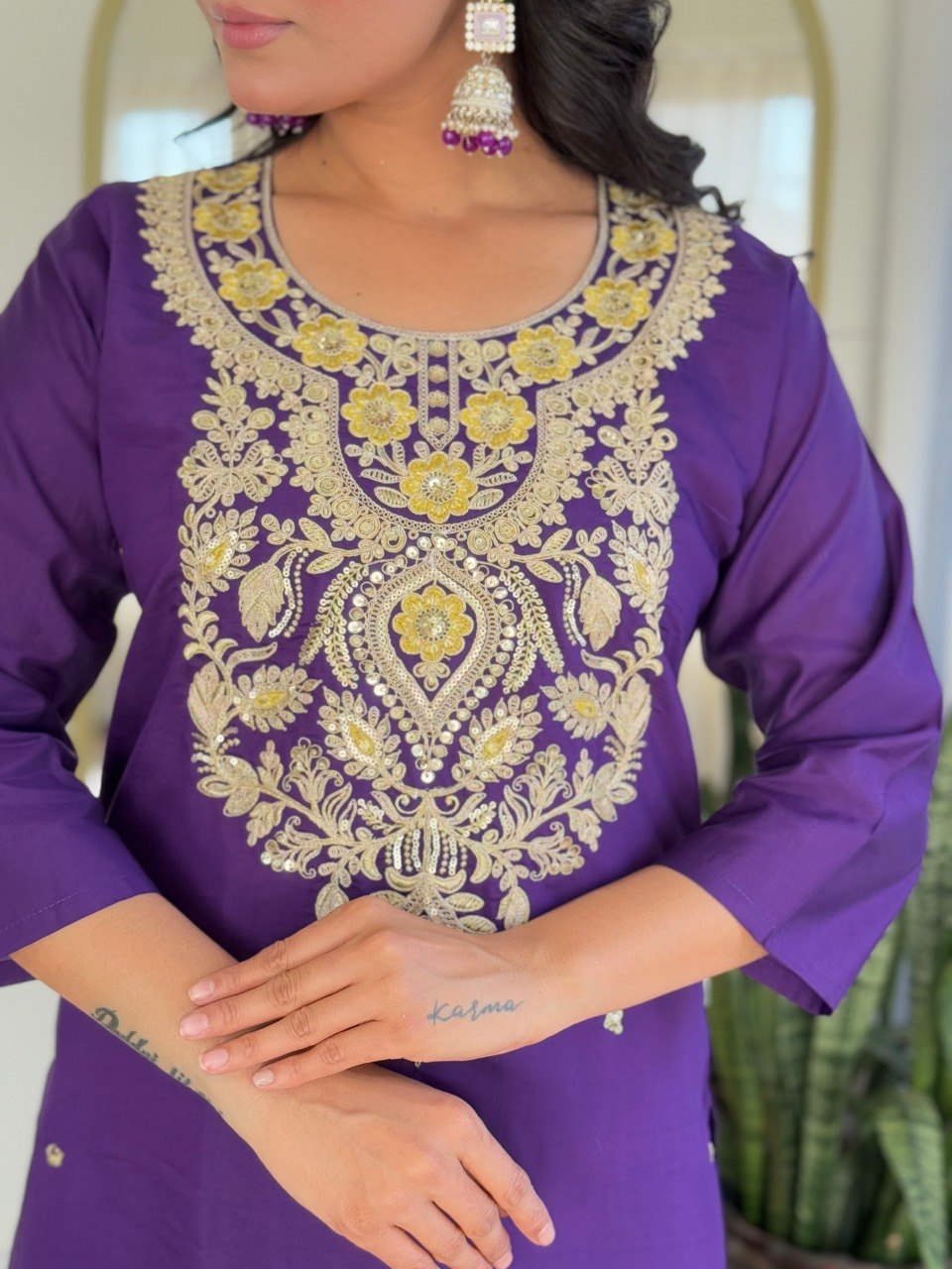 Purple Embroidered Kurta Pant Dupatta Set