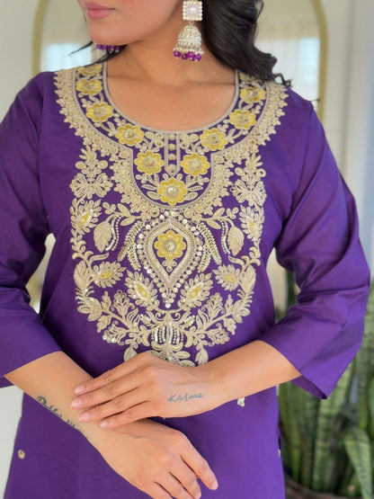 Purple Embroidered Kurta Pant Dupatta Set