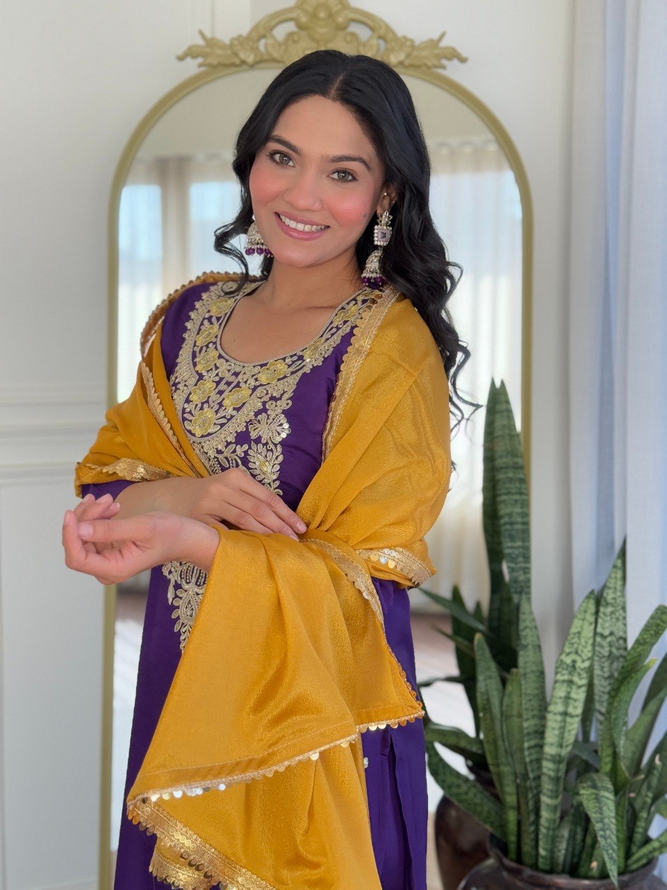 Purple Embroidered Kurta Pant Dupatta Set