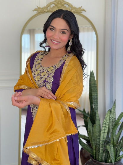 Purple Embroidered Kurta Pant Dupatta Set