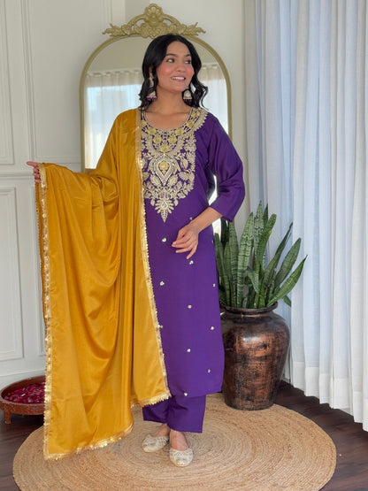Purple Embroidered Kurta Pant Dupatta Set