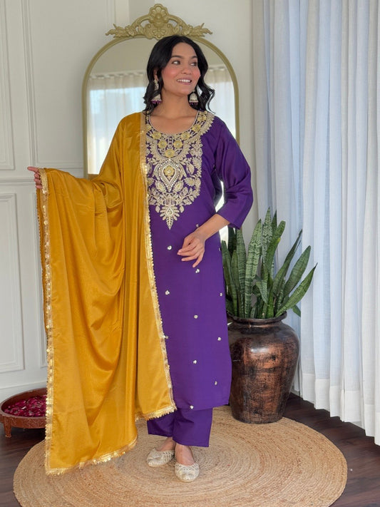 Purple Embroidered Kurta Pant Dupatta Set
