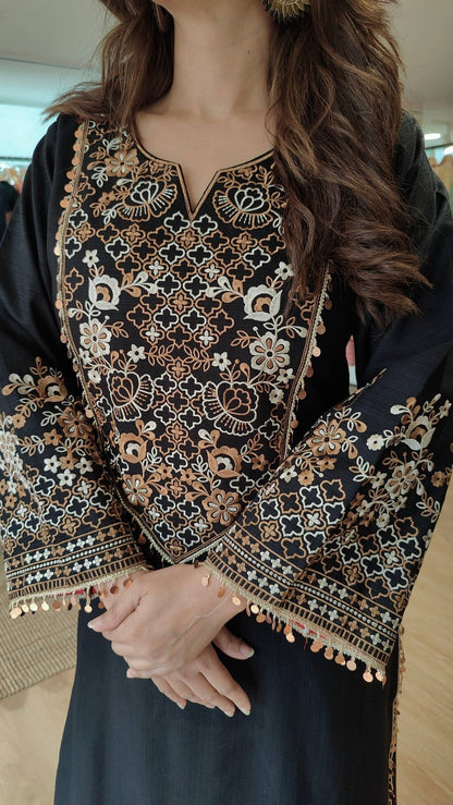 Elegant Black Embroidered Straight Kurta Set