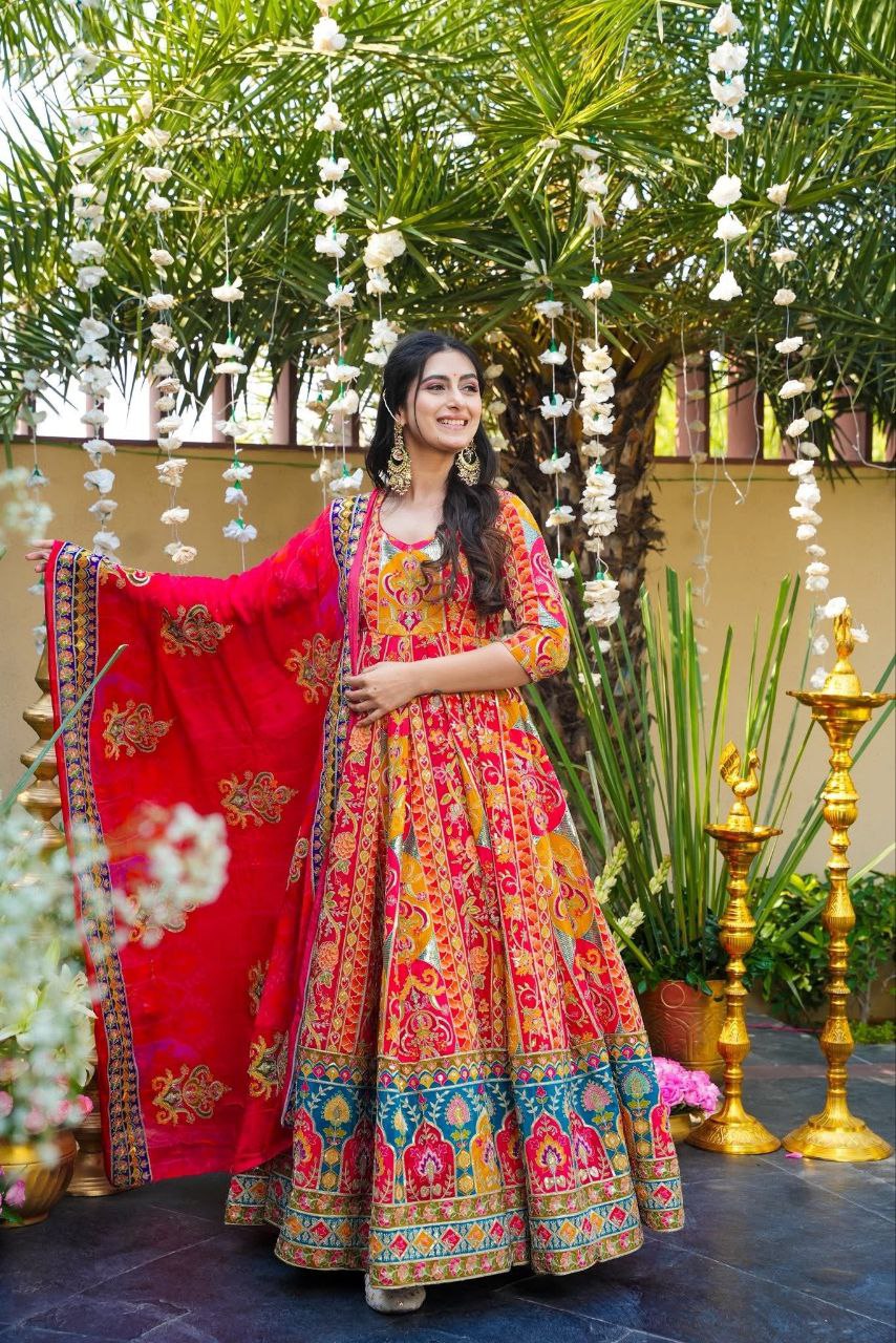 Majestic Muse Premium Chinon Silk Ethnic Wear Anarkali Set