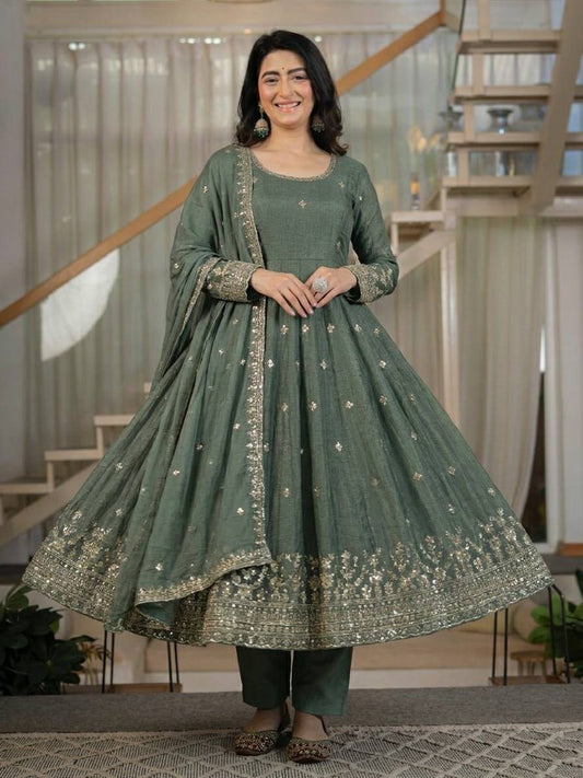Elegant Sage Green Heavy Crunchy Silk Anarkali Suit Se