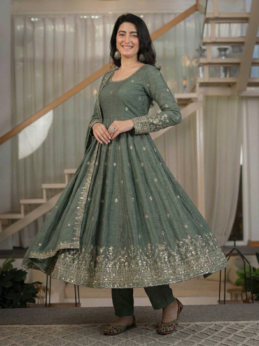 Elegant Sage Green Heavy Crunchy Silk Anarkali Suit Se