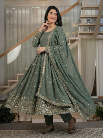 Elegant Sage Green Heavy Crunchy Silk Anarkali Suit Se