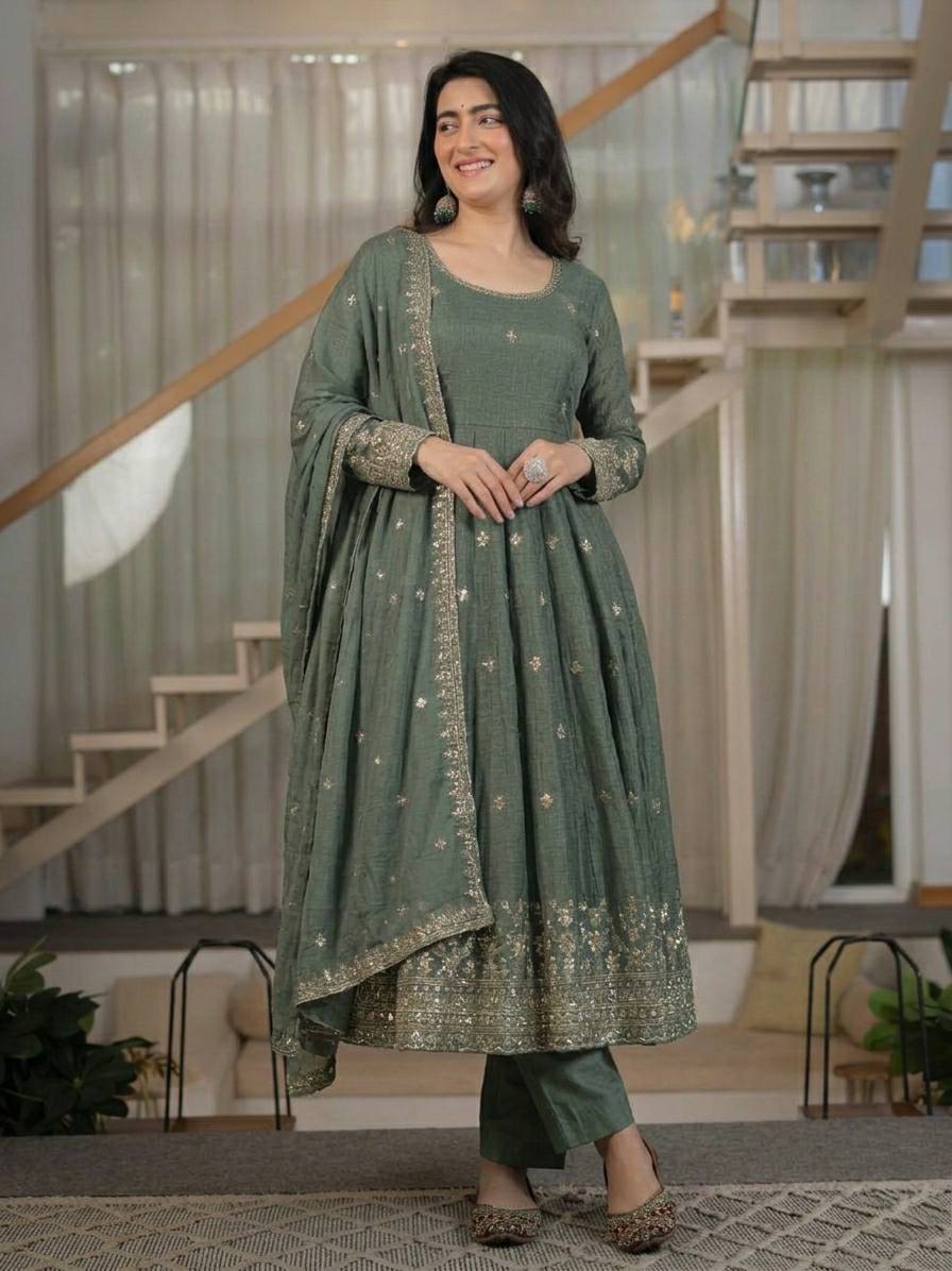 Elegant Sage Green Heavy Crunchy Silk Anarkali Suit Se