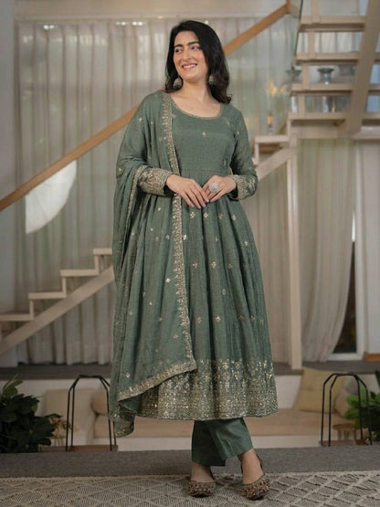 Elegant Sage Green Heavy Crunchy Silk Anarkali Suit Se