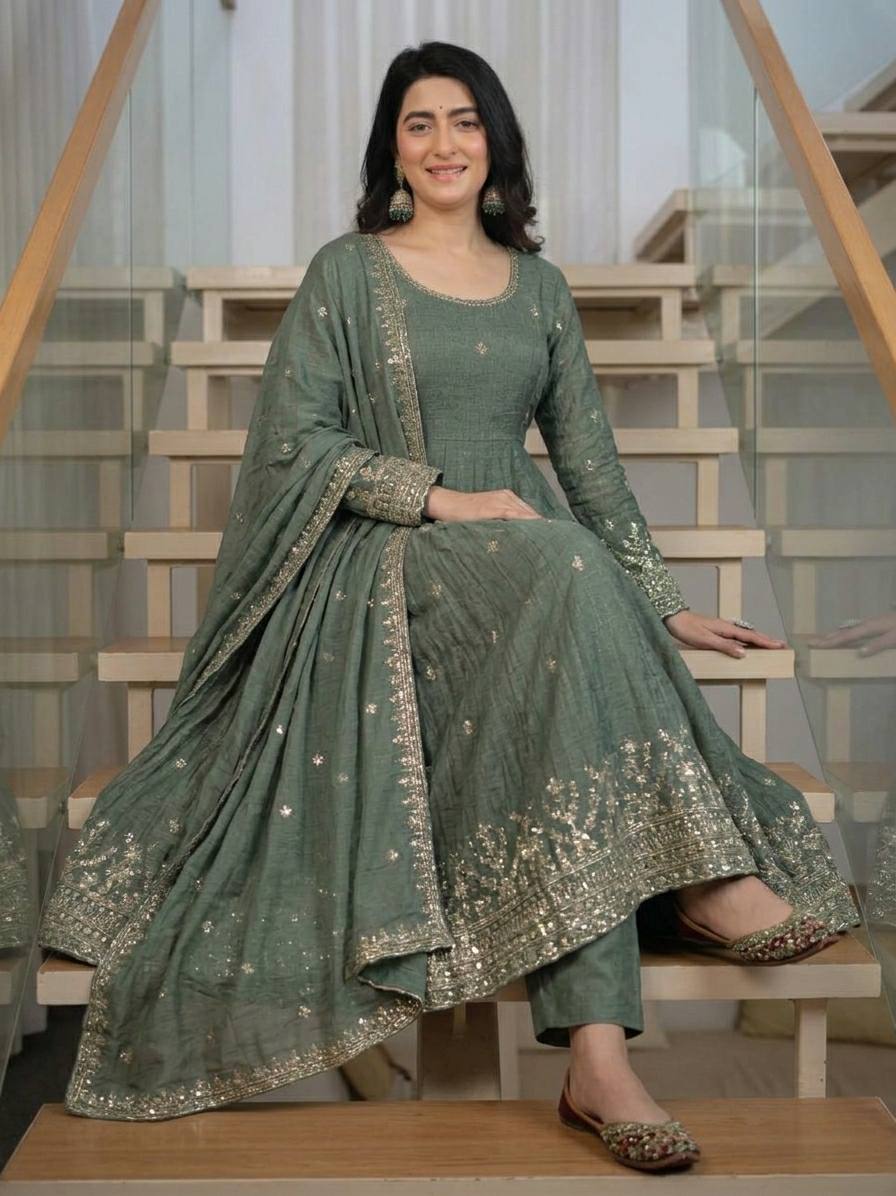 Elegant Sage Green Heavy Crunchy Silk Anarkali Suit Se
