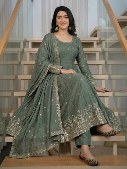 Elegant Sage Green Heavy Crunchy Silk Anarkali Suit Se