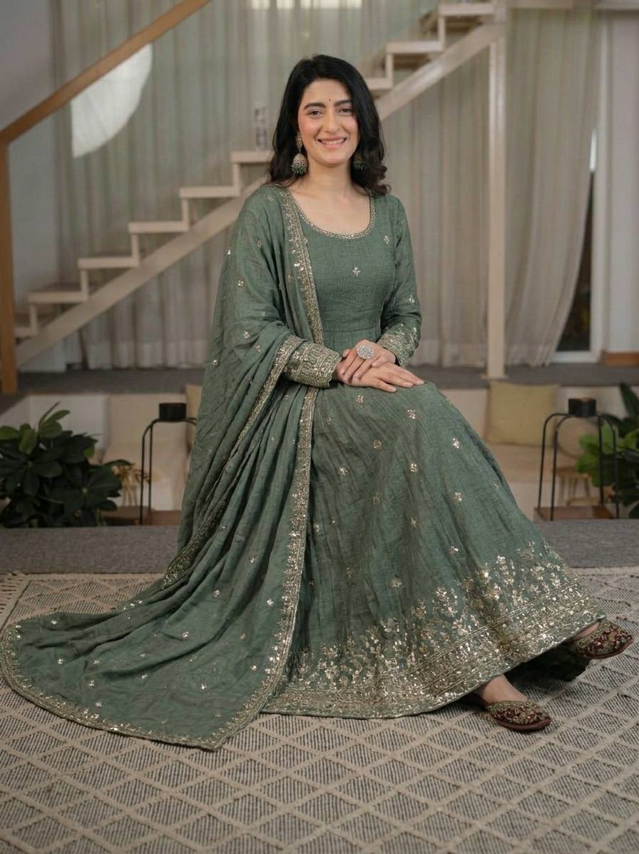 Elegant Sage Green Heavy Crunchy Silk Anarkali Suit Se
