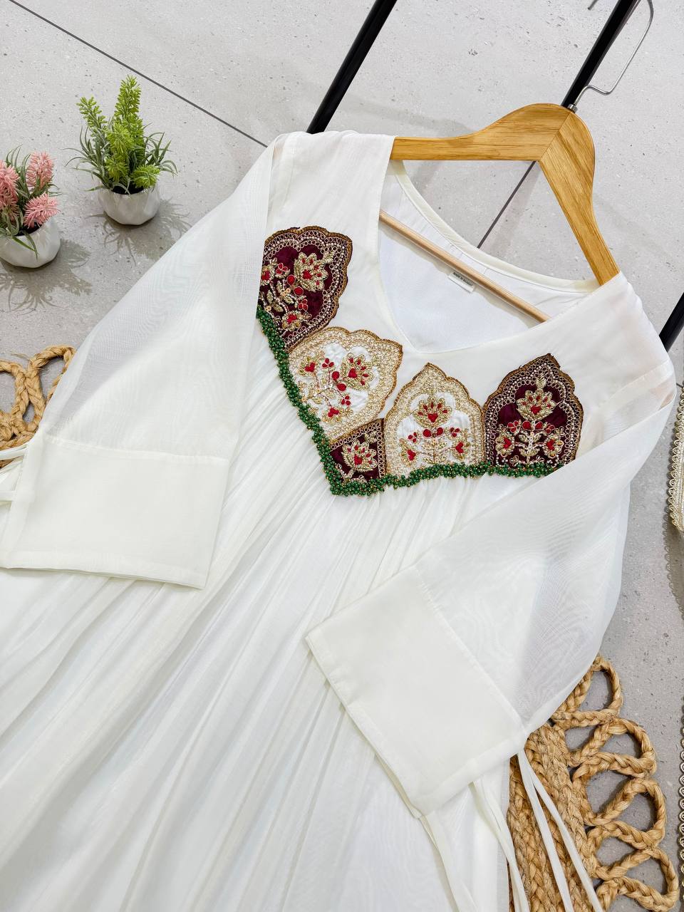 Graceful Off-White Embroidered Anarkali Suit Set