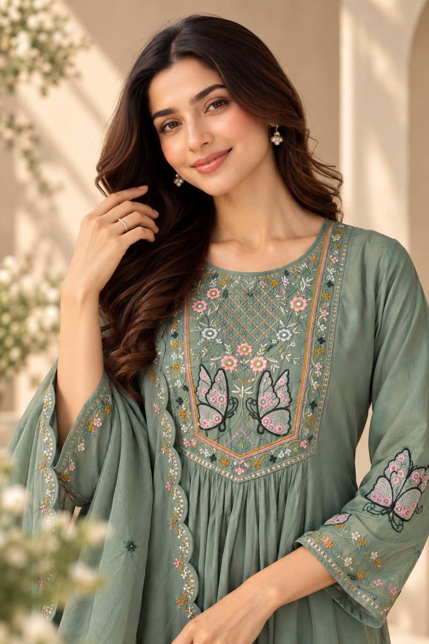 Sage Bloom Embroidered Anarkali Pant Dupatta Set