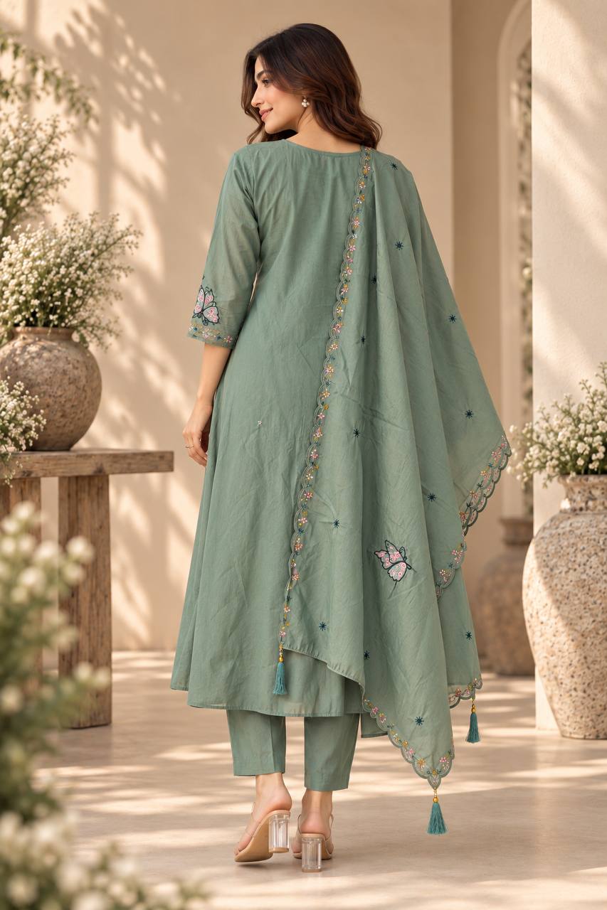 Sage Bloom Embroidered Anarkali Pant Dupatta Set