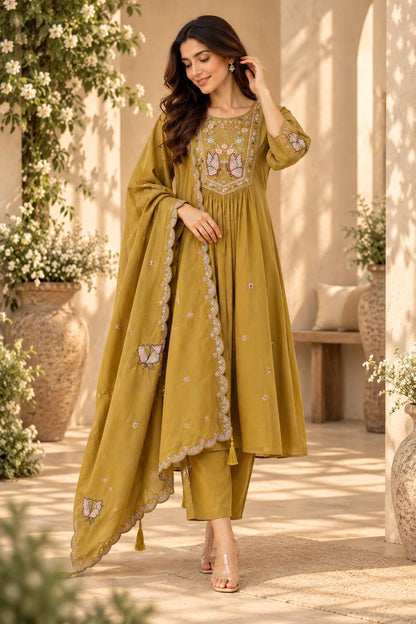 Golden Meadow Butterfly Embroidered Anarkali Suit Set