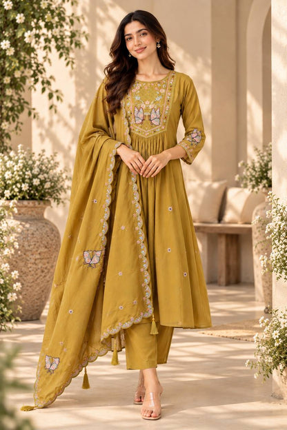 Golden Meadow Butterfly Embroidered Anarkali Suit Set