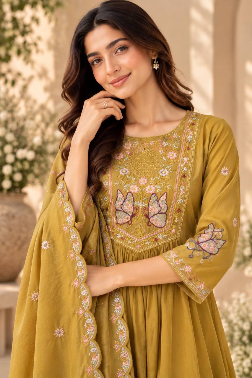 Golden Meadow Butterfly Embroidered Anarkali Suit Set