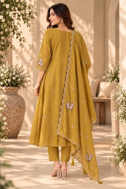 Golden Meadow Butterfly Embroidered Anarkali Suit Set