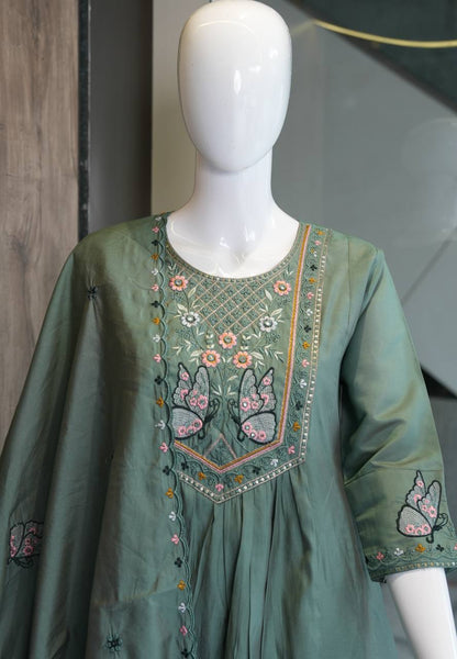 Sage Bloom Embroidered Anarkali Pant Dupatta Set